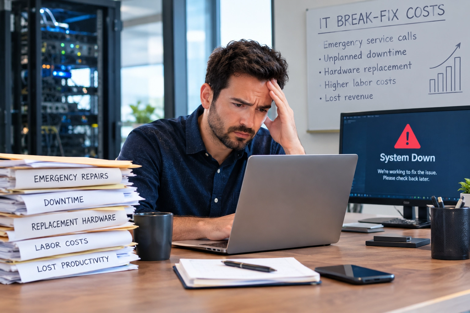 Business owner reviewing the impact of unexpected IT repair costs